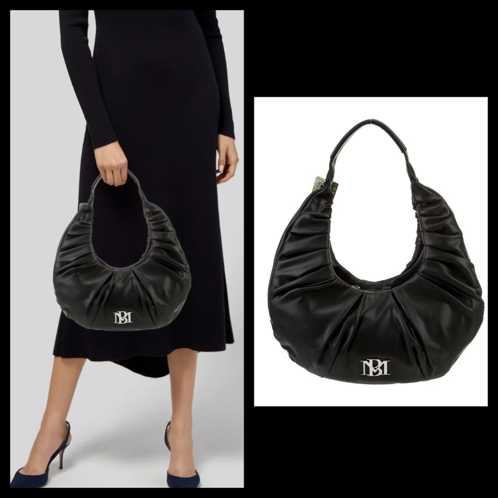 Badgley Mischka Black Ruched Hobo with Silver Logo Accent